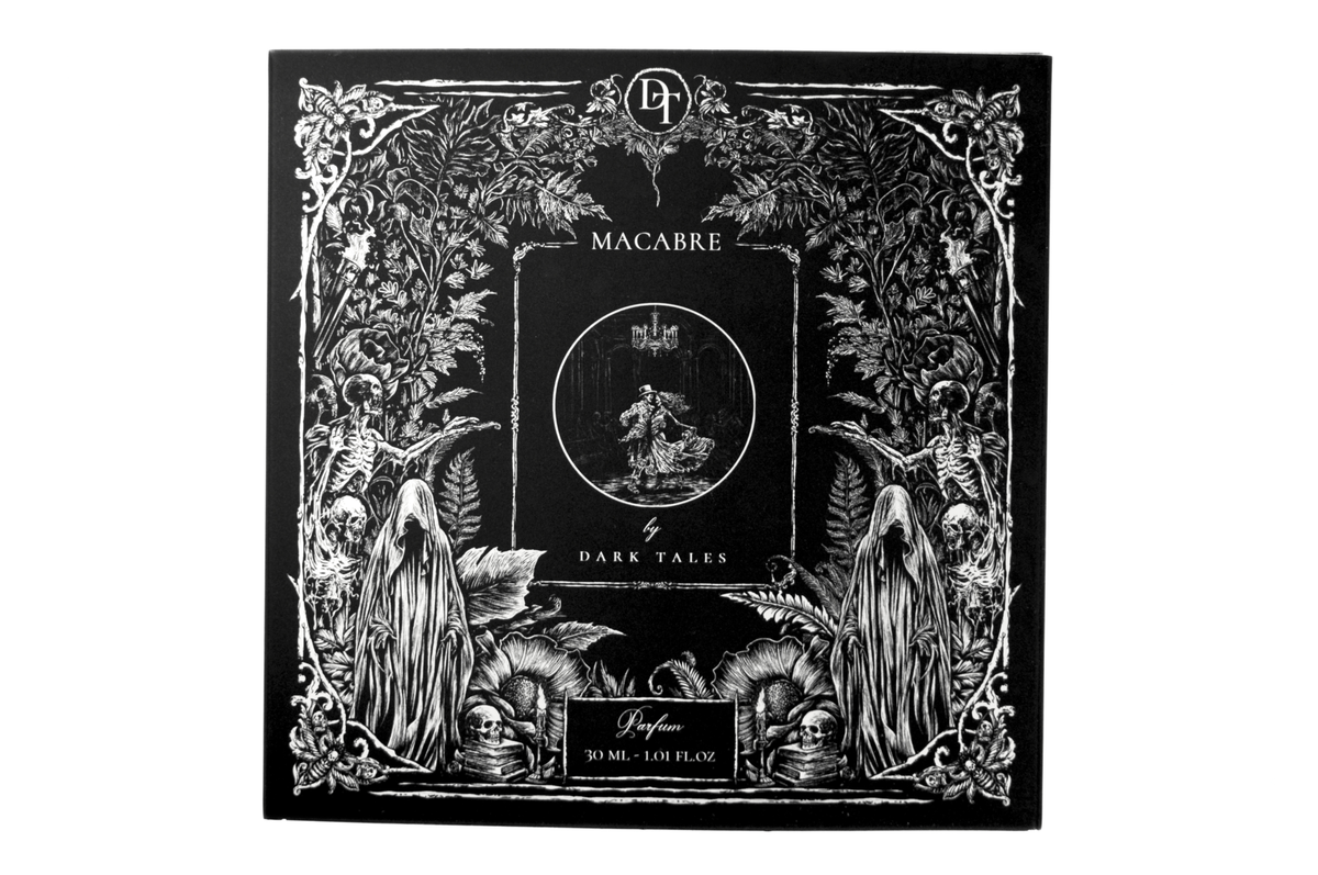 MACABRE parfum box in black and white with gothic floral artwork, skeletons, hooded figures, and dark tales design