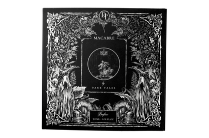 MACABRE parfum box in black and white with gothic floral artwork, skeletons, hooded figures, and dark tales design