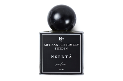 NSFRTÅ black glass parfum bottle with round black resin cap, minimalist label, and 30 ml volume
