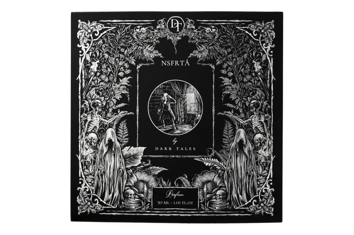 NSFRTÅ parfum packaging in black and white with ornate gothic floral artwork, skeletons, ghosts, and 30 ml label