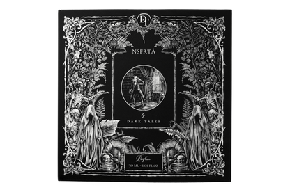 NSFRTÅ parfum packaging in black and white with ornate gothic floral artwork, skeletons, ghosts, and 30 ml label
