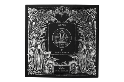 Obsidian Apple 30 ml parfum box in black and white with gothic forest, floral, skull, and hooded figure illustrations