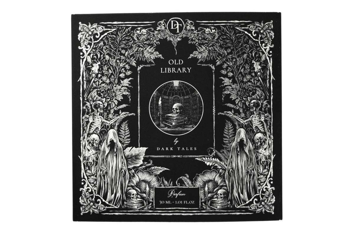 Old Library black parfum box with ornate white gothic botanical artwork, skulls, ghost figures, and 30 ml label