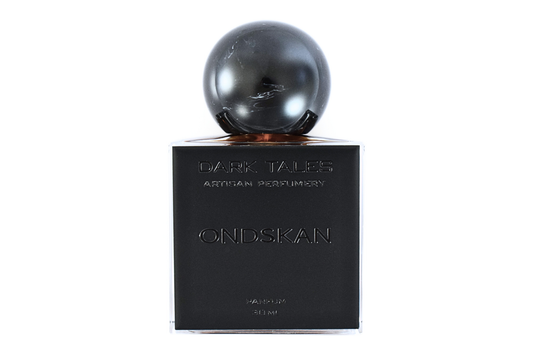 Ondskan parfum in a black rectangular glass bottle with a glossy black spherical cap and embossed lettering