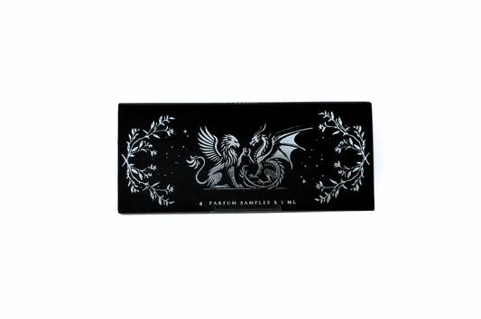 Quadro Set black 4 x 1 ml parfum sample box with white dragon and botanical illustrations