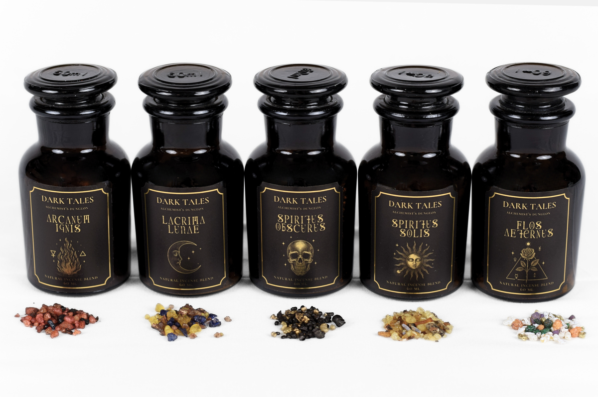 SPIRITUS SOLIS incense blend in a dark amber apothecary bottle with a black cap and gold sun label