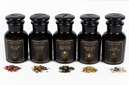 SPIRITUS SOLIS incense blend in a dark amber apothecary bottle with a black cap and gold sun label