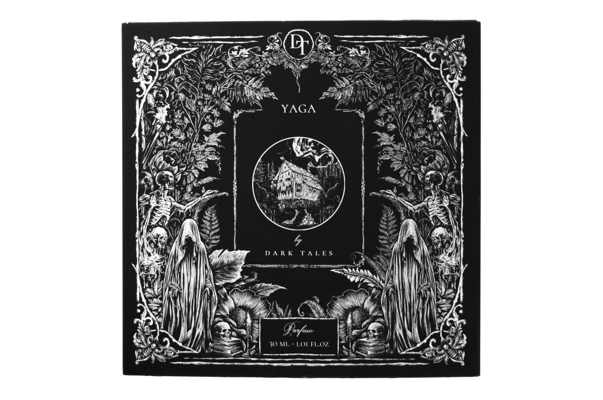 YAGA 30 ml parfum box in black and white, featuring an intricate dark forest and gothic witch illustration